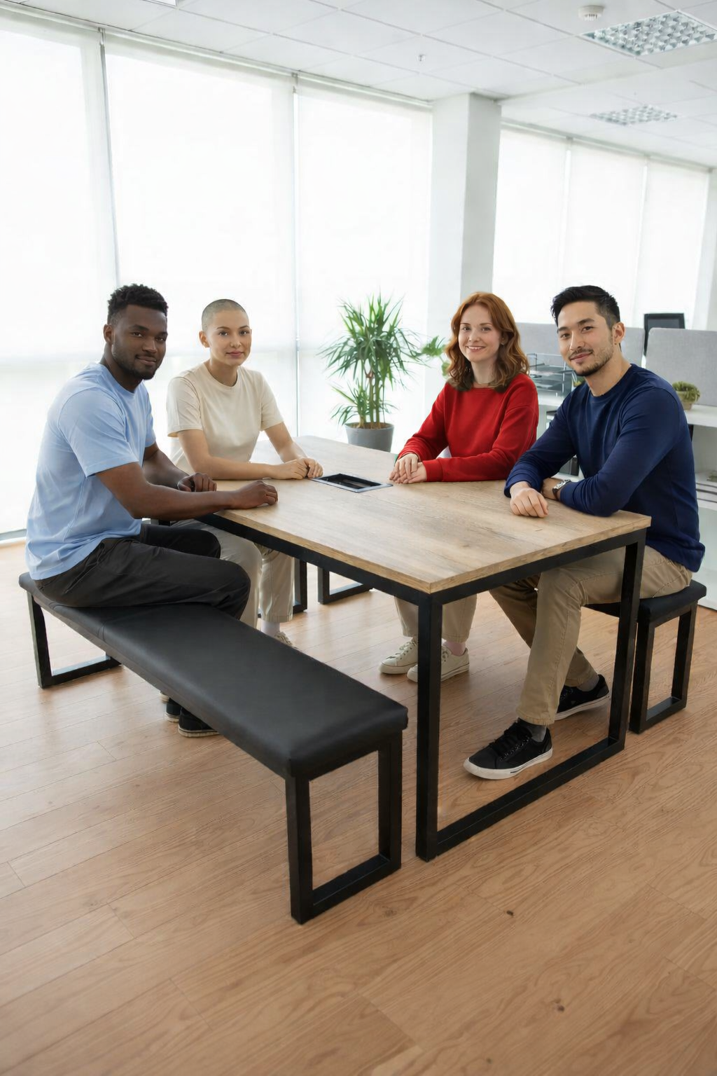 Nuovo gruppo di design: panca Frank con tavolo centrale (ristrutturata)