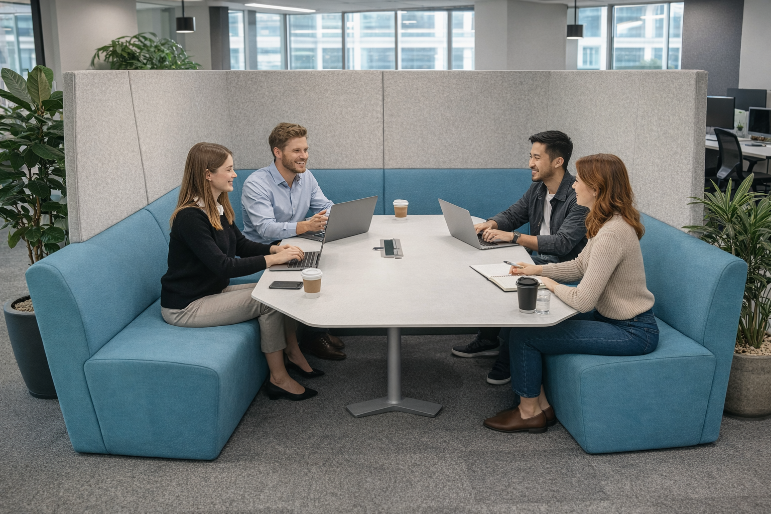 Orangebox: cabina chiusa con schienale alto grigio e verde acqua Away From The Desk (AFTD) - Ristrutturata