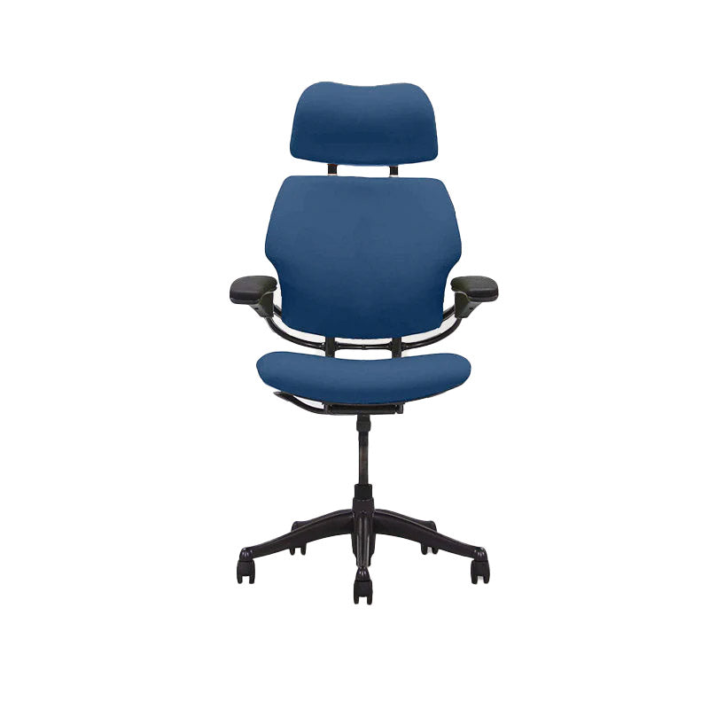 Humanscale: sedia operativa Freedom con schienale alto e poggiatesta - Tessuto blu - Ristrutturata