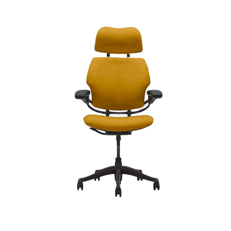 Humanscale: sedia operativa Freedom con schienale alto e poggiatesta - Tessuto giallo - Ristrutturata